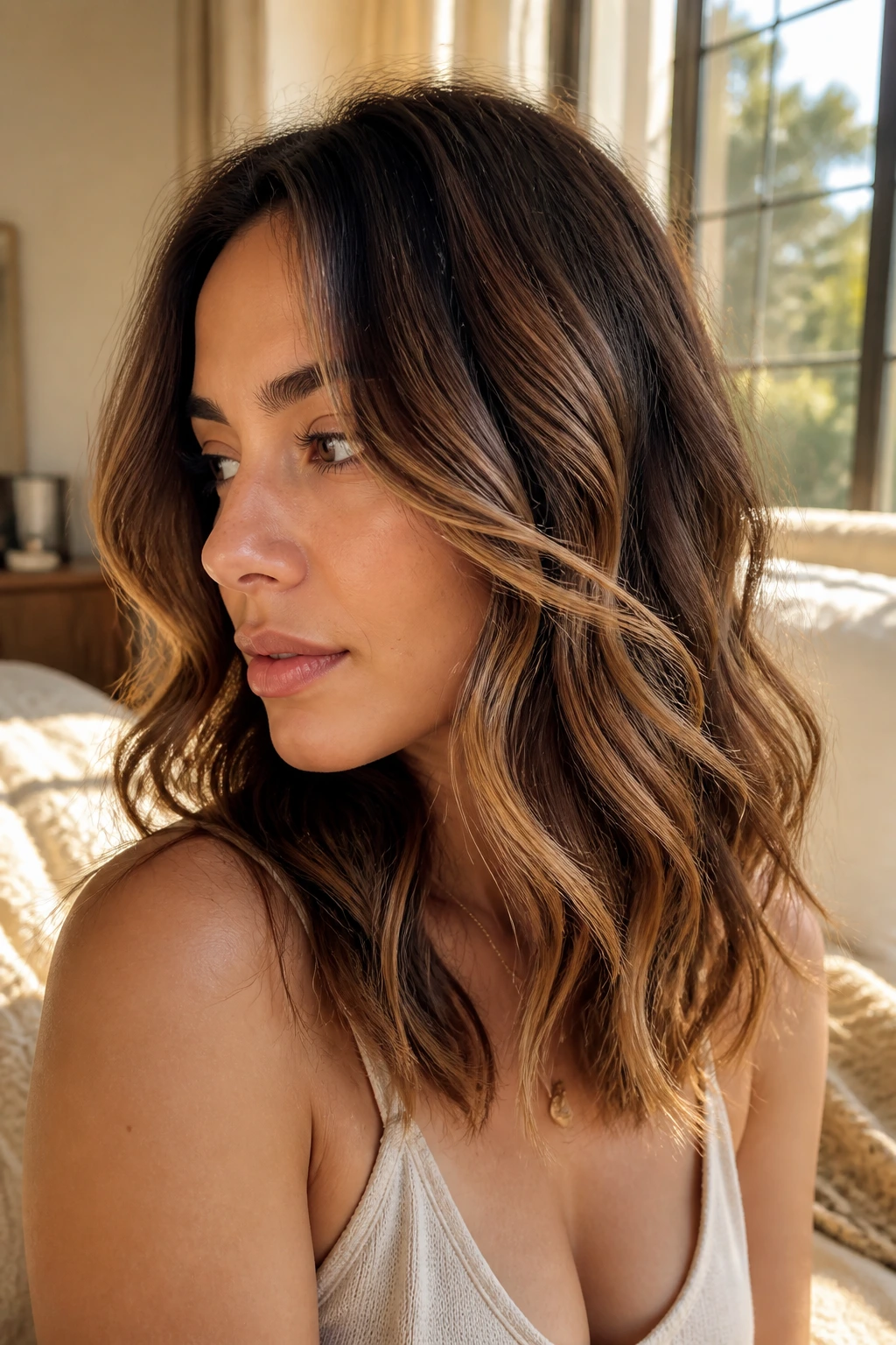 Close-up portrait of a real woman with wavy brown hair and ribboned caramel lights under warm window light