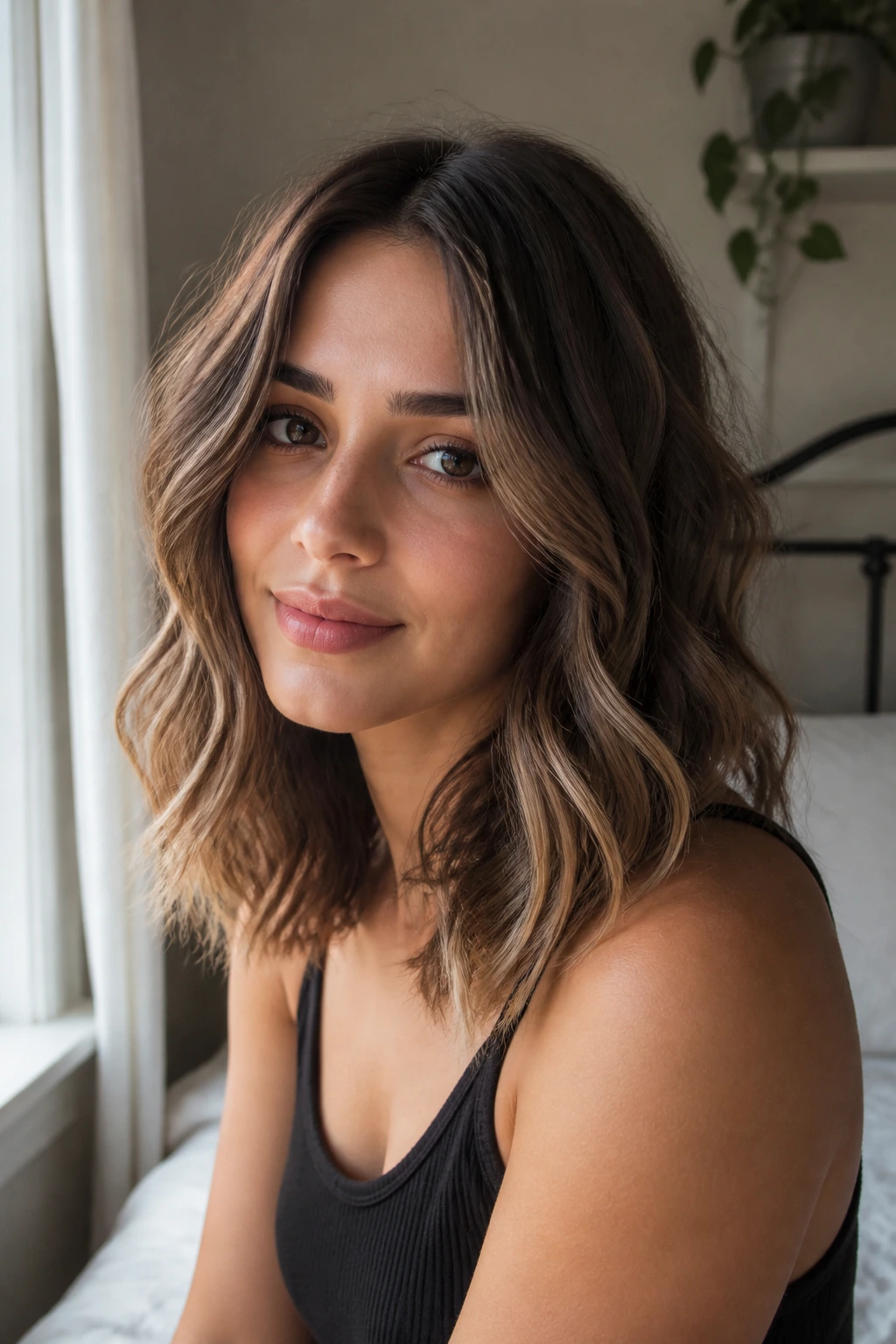 Real woman with wavy midi hair and center-parted piecey layers.