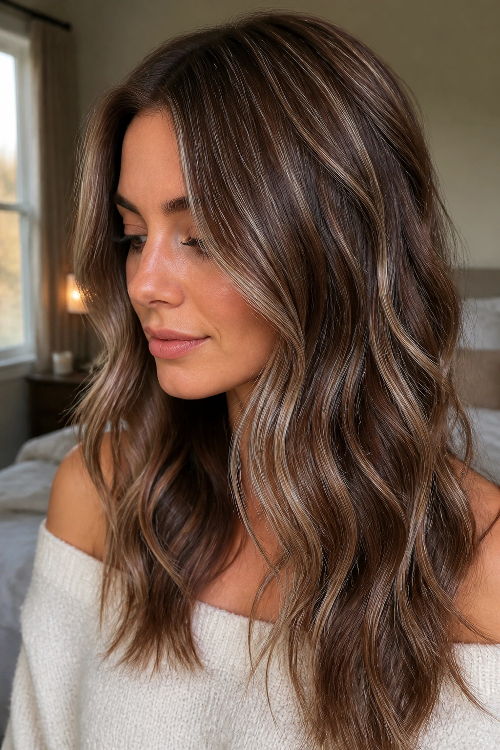 Close-up portrait of a real woman with wavy chestnut hair and thin silver ribbons in natural window light.