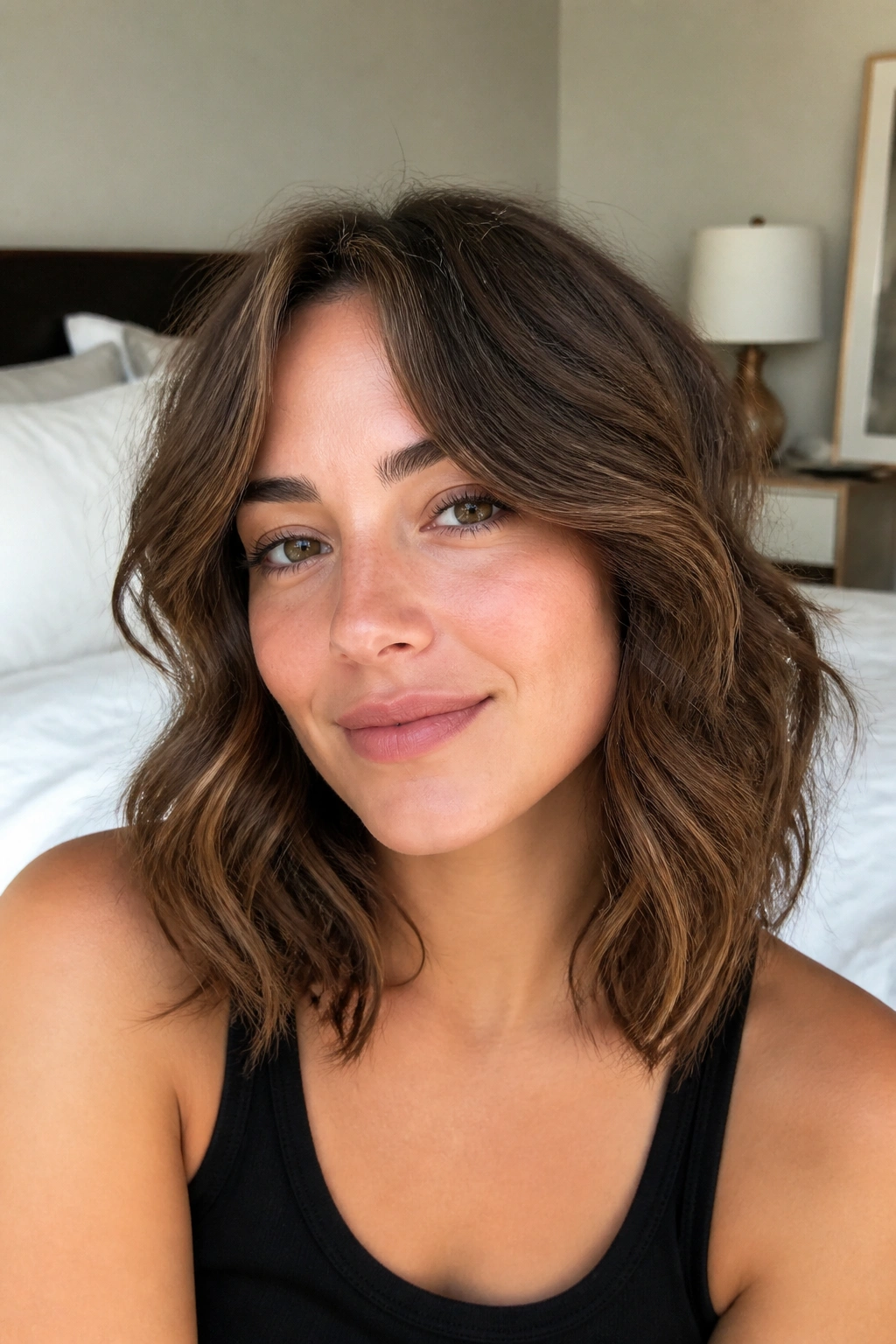 Close-up portrait of a real person with wavy medium cut and face-framing pieces