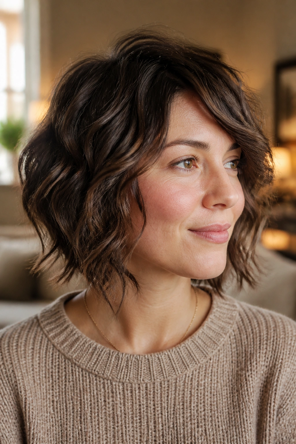 Close-up of a real woman with a wavy jaw-length side shag in warm window light