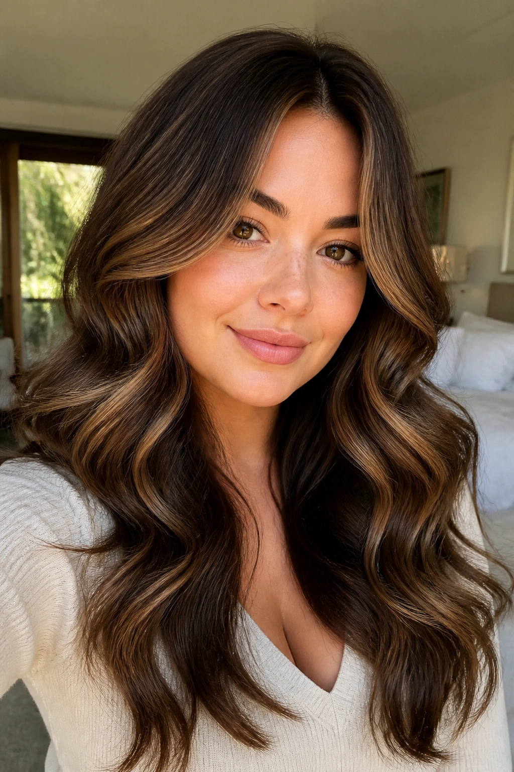 Close-up portrait of a real woman with long wavy hair and defined S-bends in soft window light