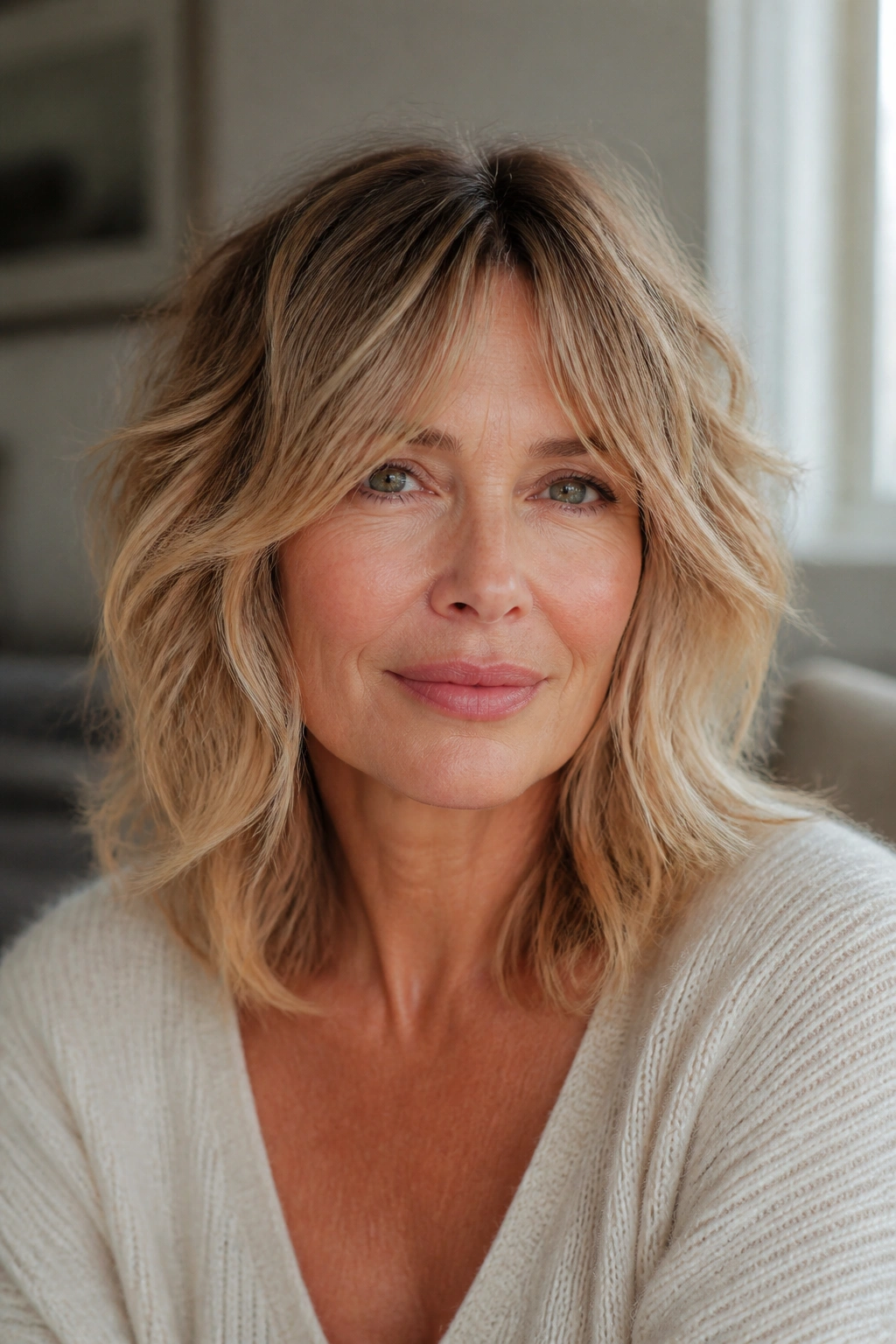 Close-up portrait of a real woman with wavy fine hair styled in a strategic shag