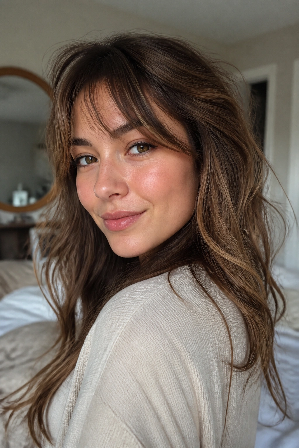 Close-up of a real woman with wavy half bangs in a lived-in style.