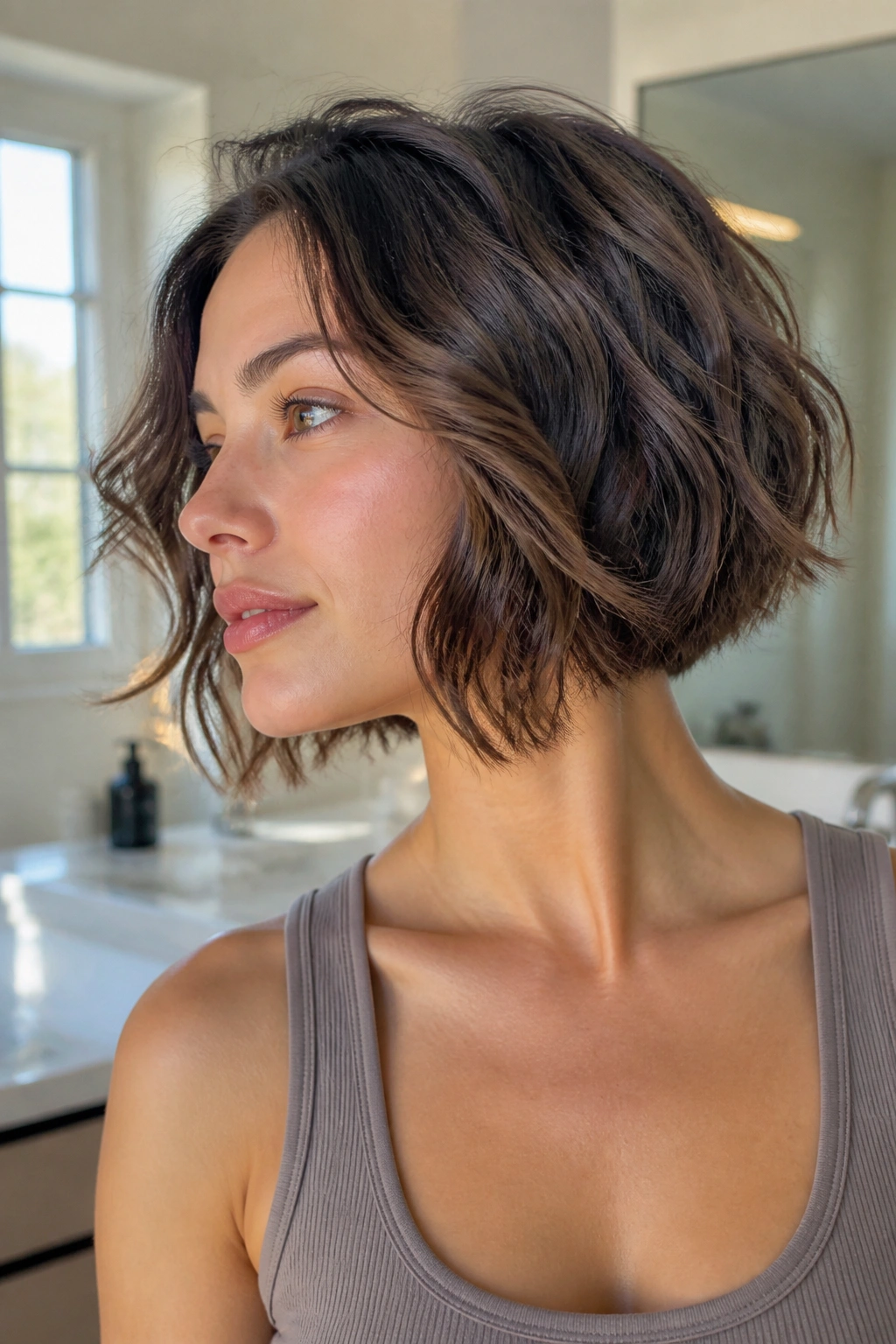 Portrait of a real woman with a wavy inverted bob and natural air-dried texture