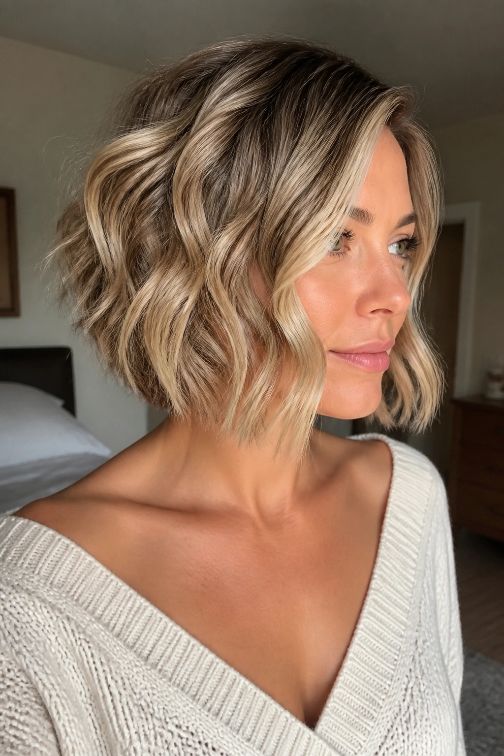 Close-up portrait of a real woman with a Wavy Inverted Bob with Airy Texture in natural bedroom light.