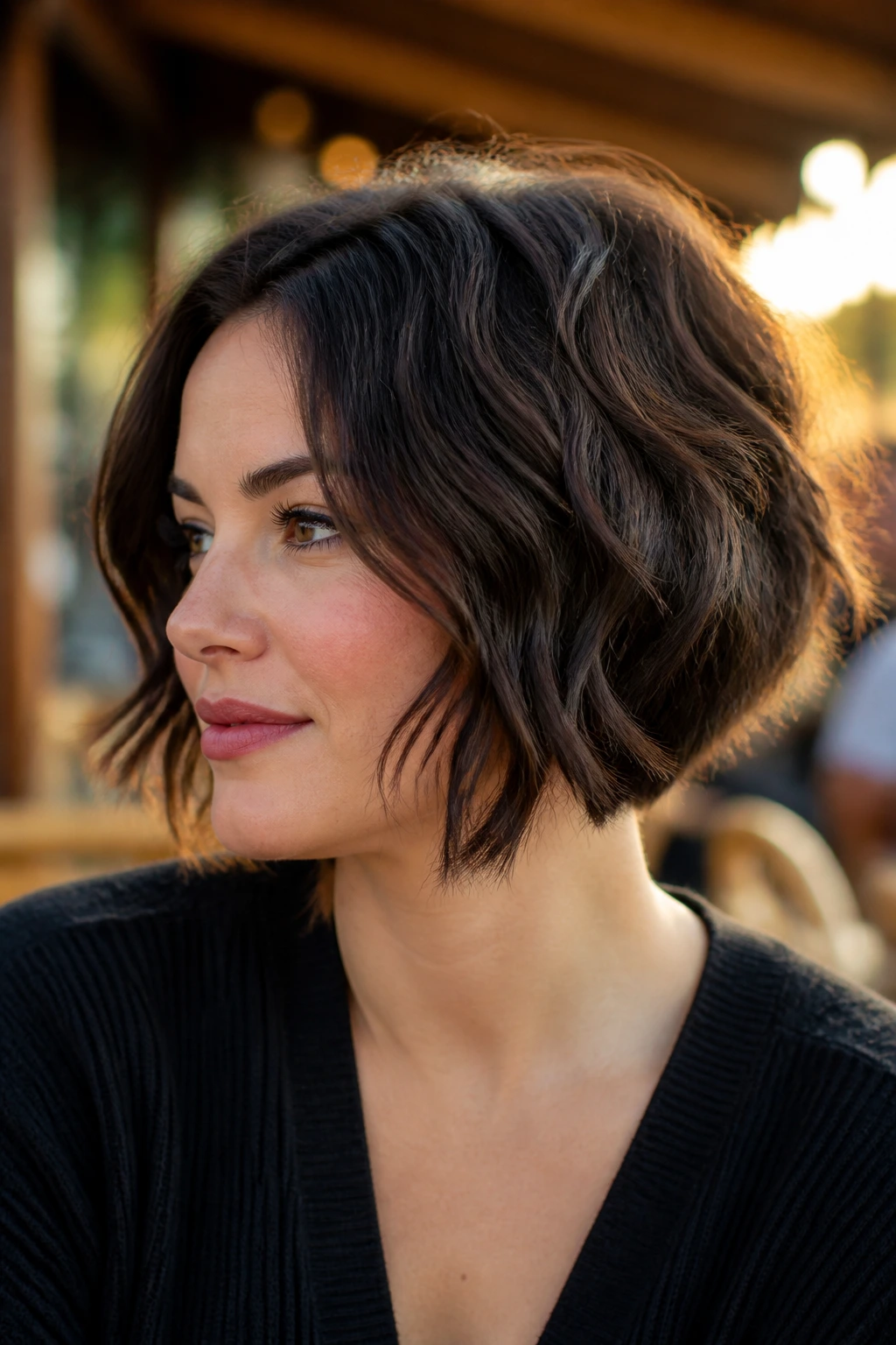 Close-up of a real woman with wavy inverted bob and diffused texture in a cafe setting