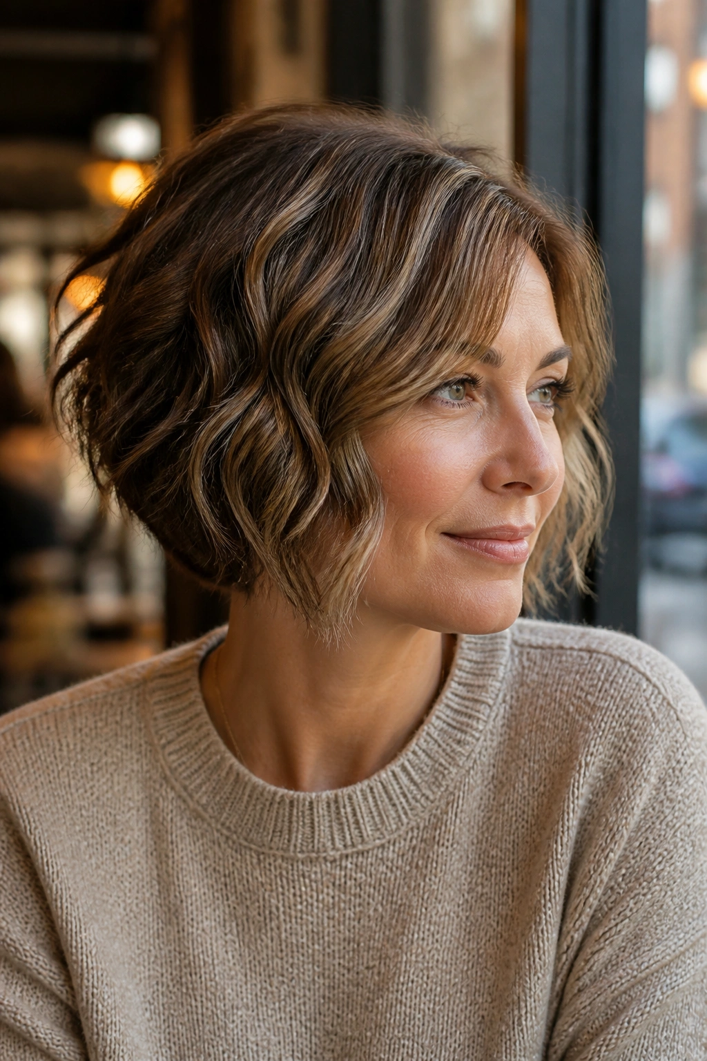 Close-up portrait of a real woman with Wavy Inverted Bob showing soft waves and hidden layers