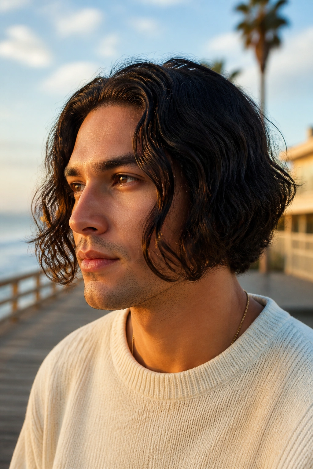 Real man with a wavy inverted bob on a seaside boardwalk at golden hour.