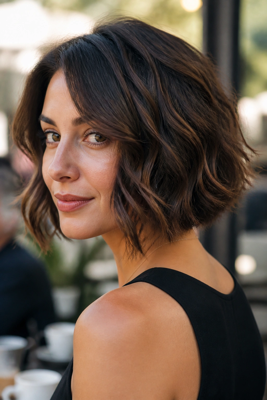 Close-up of a real woman with a wavy medium inverted bob in outdoor cafe lighting