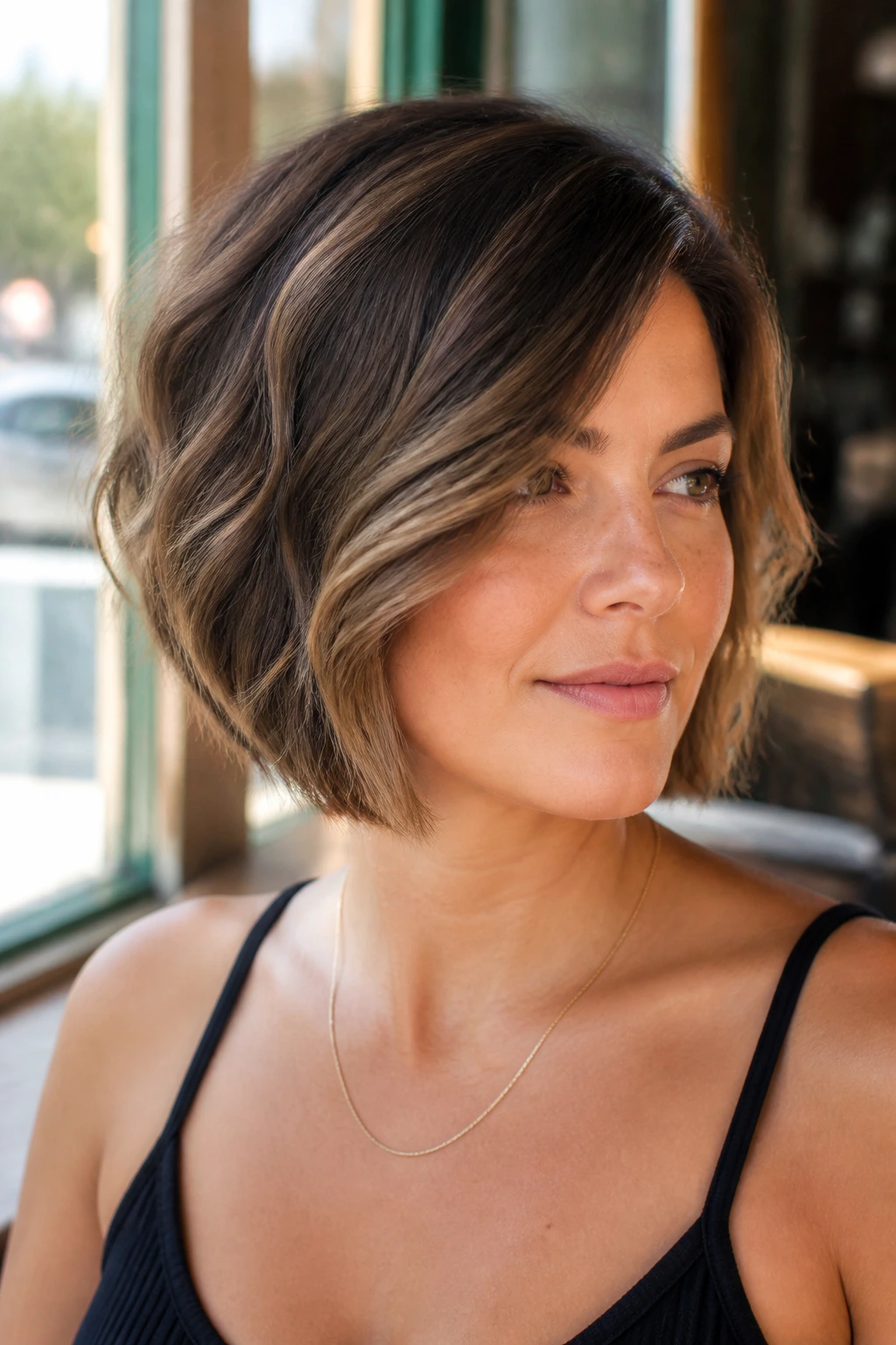 Close-up of a real woman with a wavy inverted bob and side sweep
