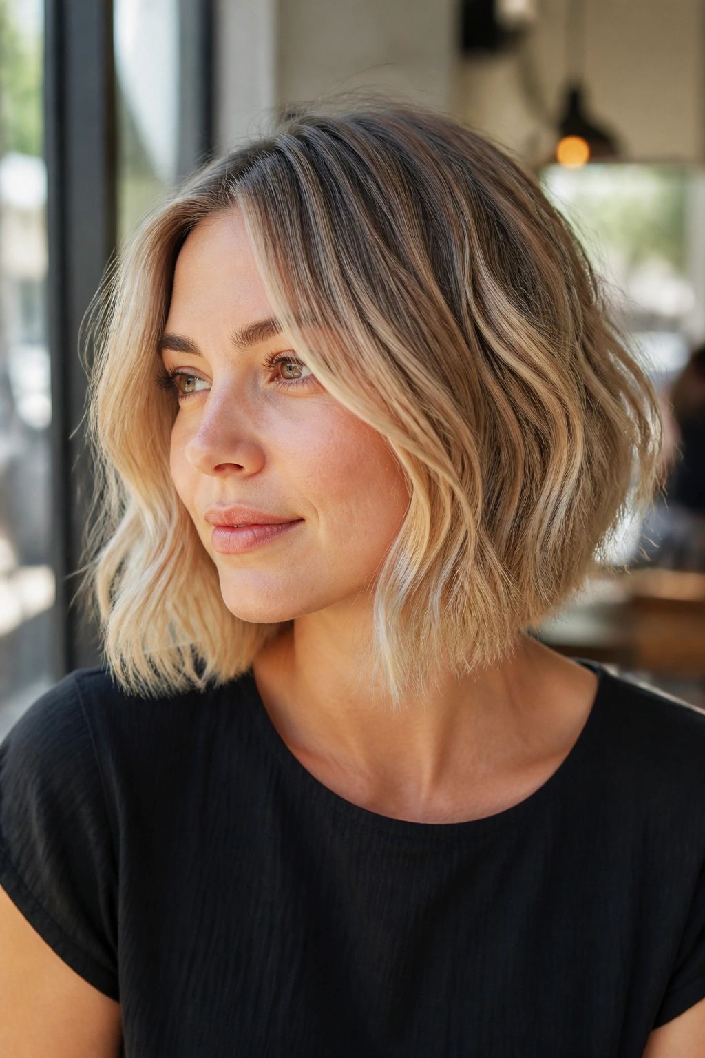 Real person with loose waves in inverted lob, natural texture