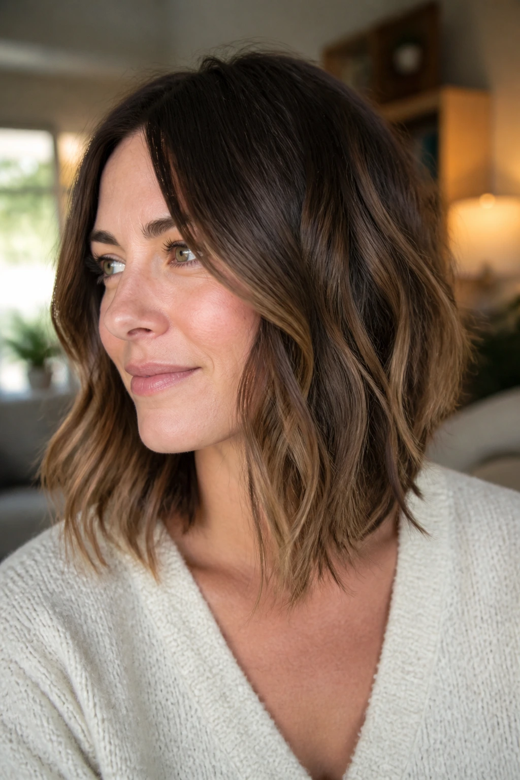 Real woman with wavy inverted lob and hidden layers under warm window light.