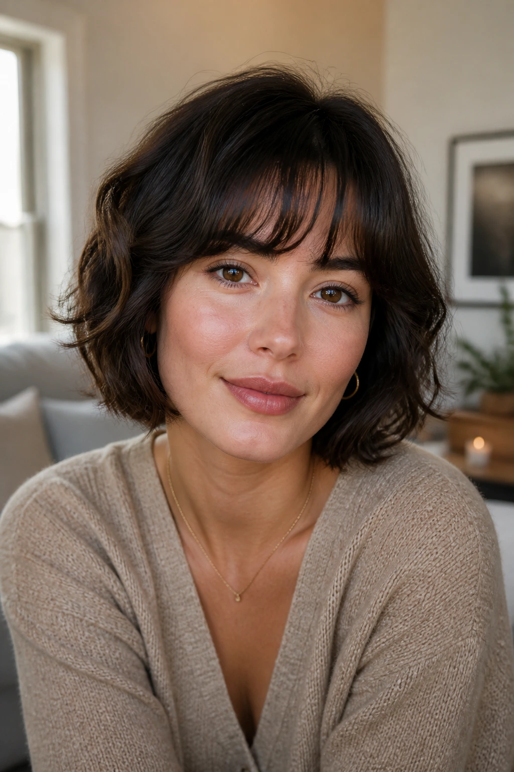 Close-up portrait of a real woman with a wavy Italian bob and airy bangs, lit by natural window light