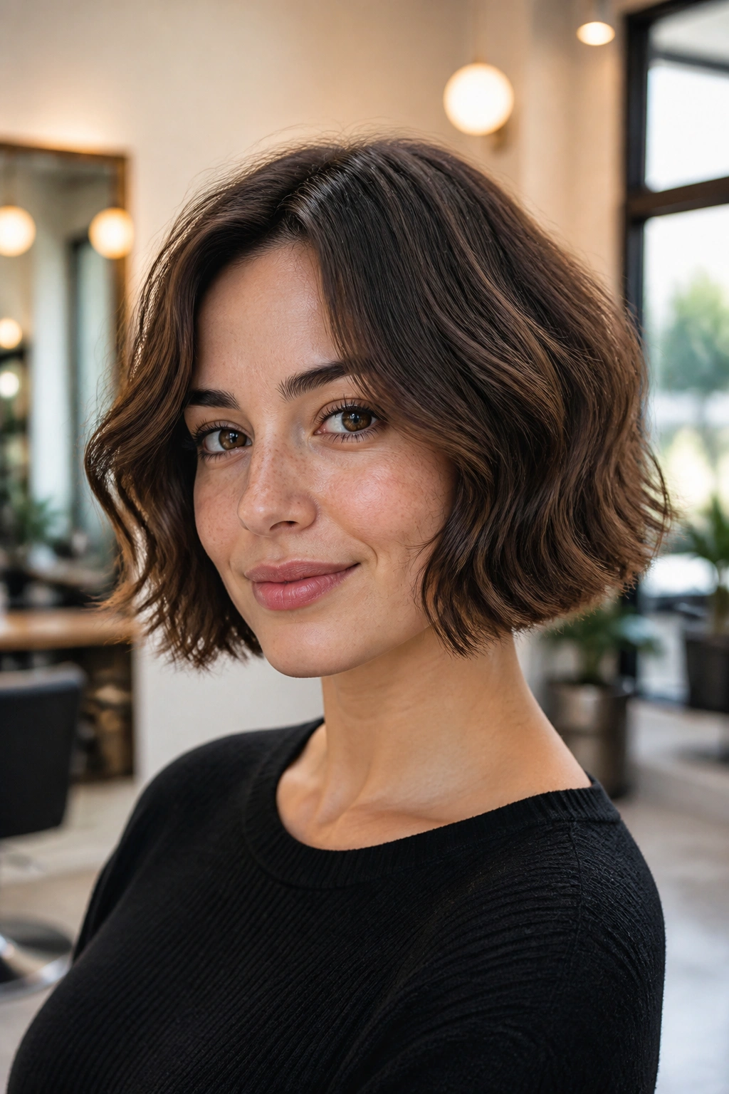 Close-up of a real woman with a Wavy Italian Bob featuring soft waves at the jawline