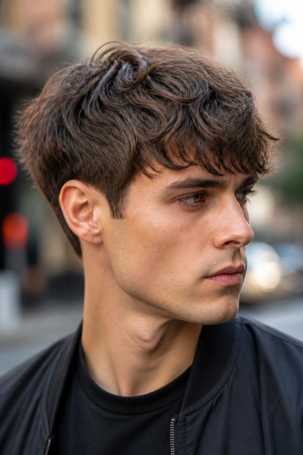 Close-up of a man with a wavy layered crop showing visible waves on top