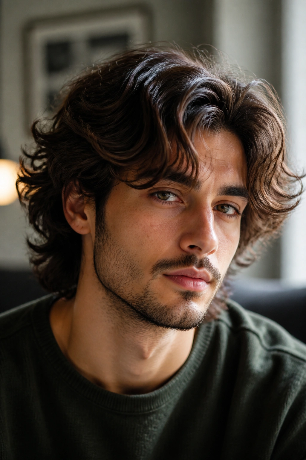 Close-up of man with wavy layered hair following natural bend in soft light