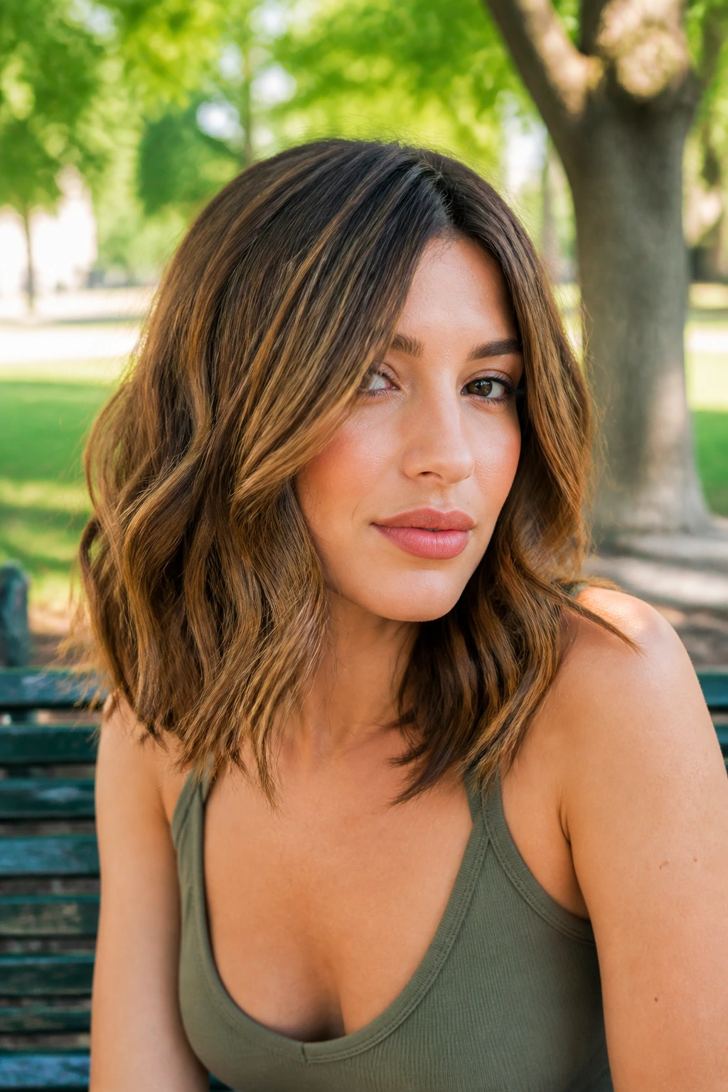 Close-up of a real woman with a wavy shoulder-length lob in a sunny park