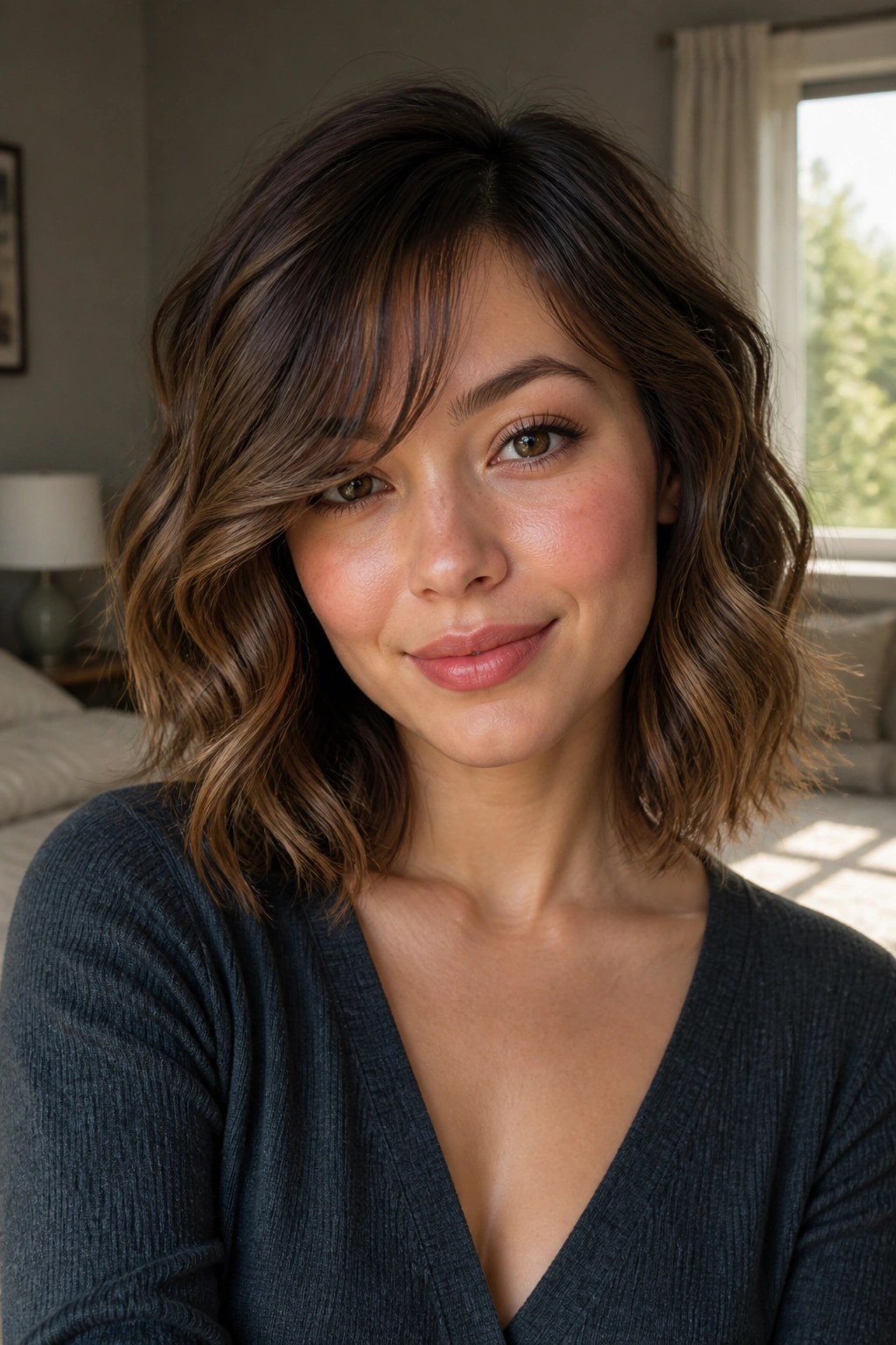 Close-up portrait of a real woman with a wavy lob and S-curved bang in warm natural light
