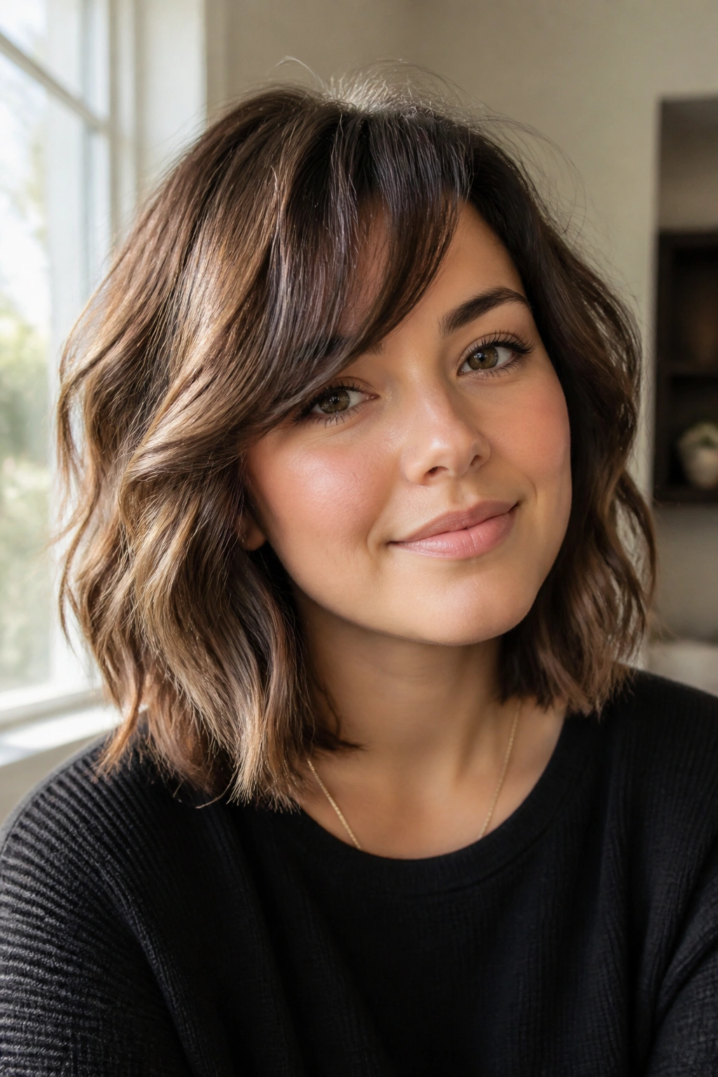 Close-up of a real woman with wavy lob and side bangs in warm window light