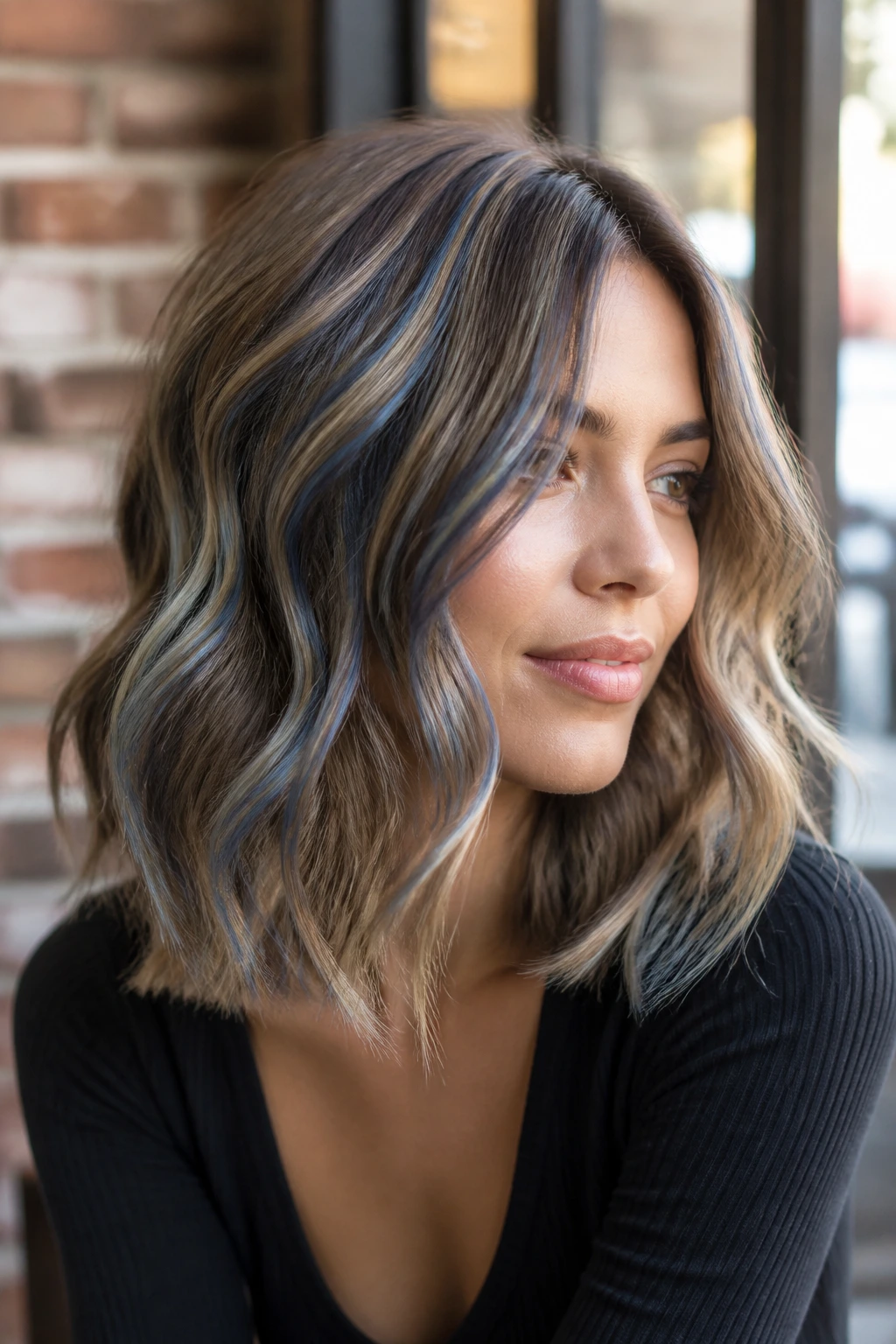 Wavy lob with denim blue ribbon lights on a real woman; cafe window setting.