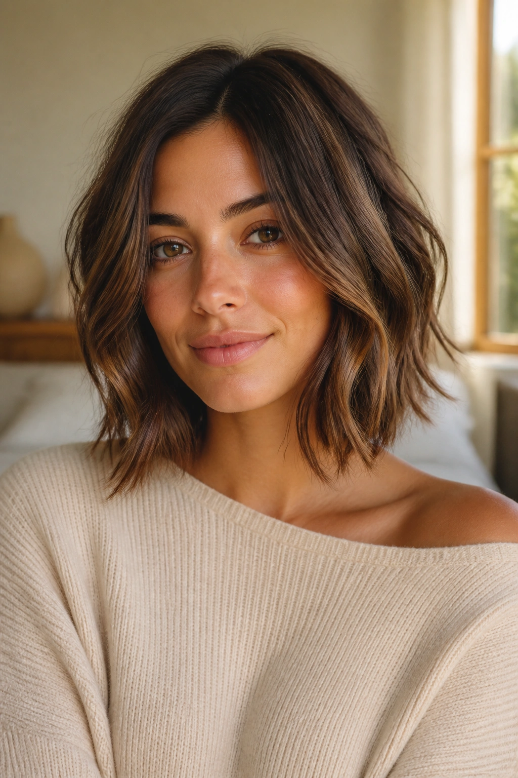 Close-up portrait of a real woman with a Wavy Lob with Tapered Ends in brown hair with caramel highlights