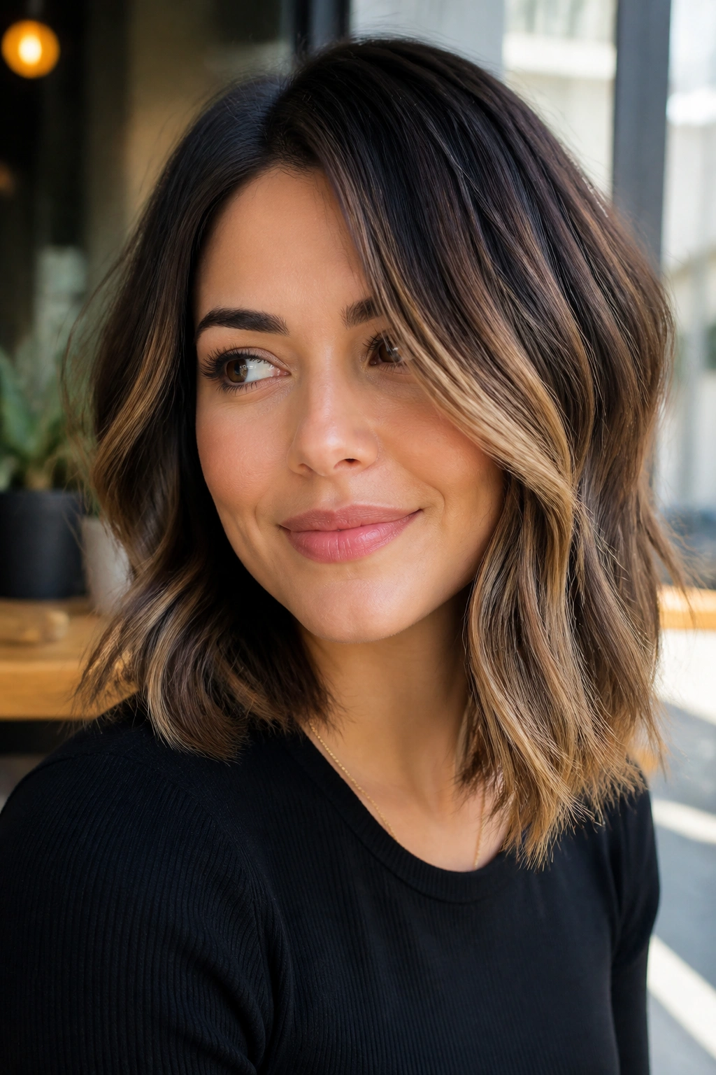 Close-up of a wavy lob with side-swept caramel panels on a real person