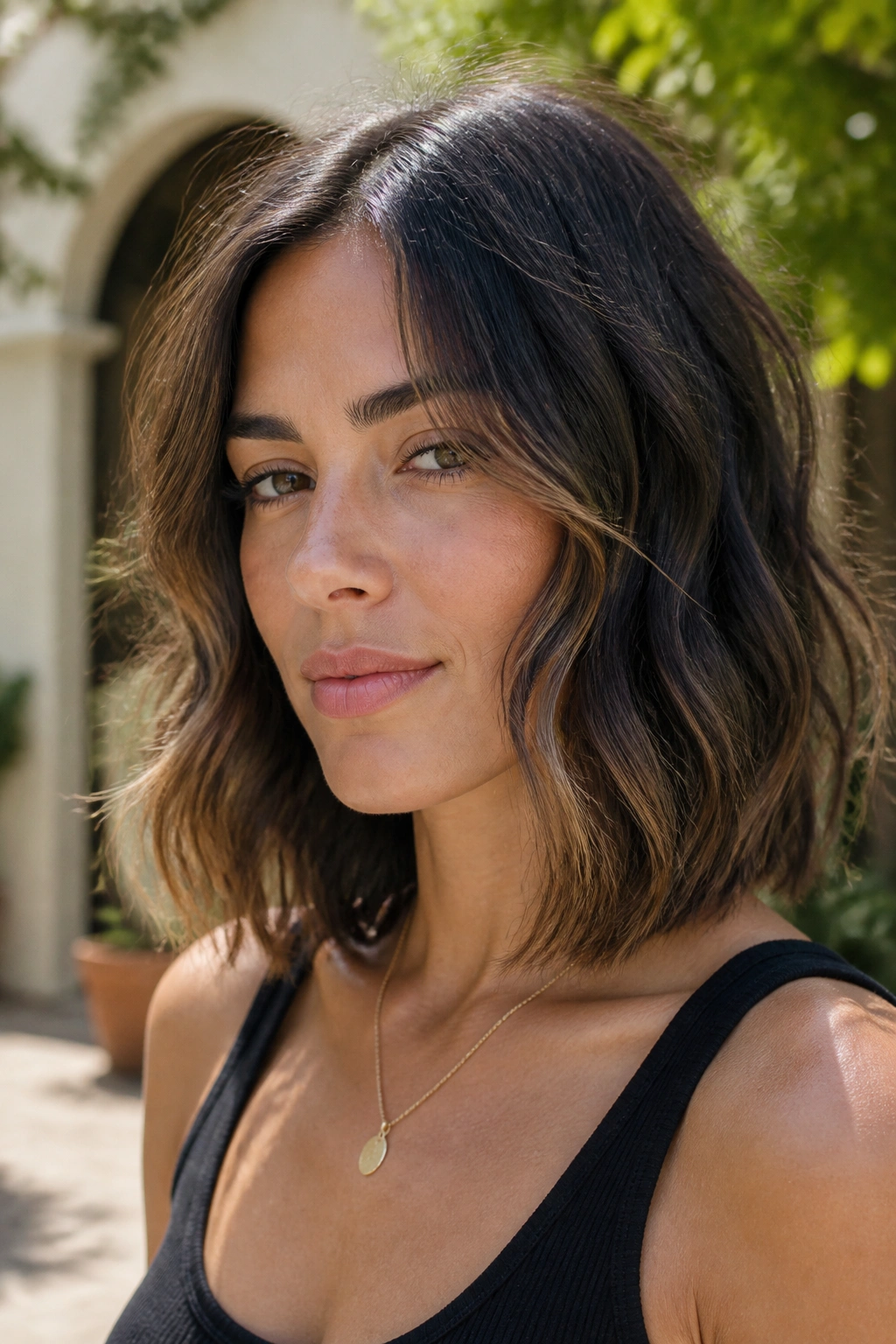 Close-up of a real woman with wavy lob and cheekbone framing pieces