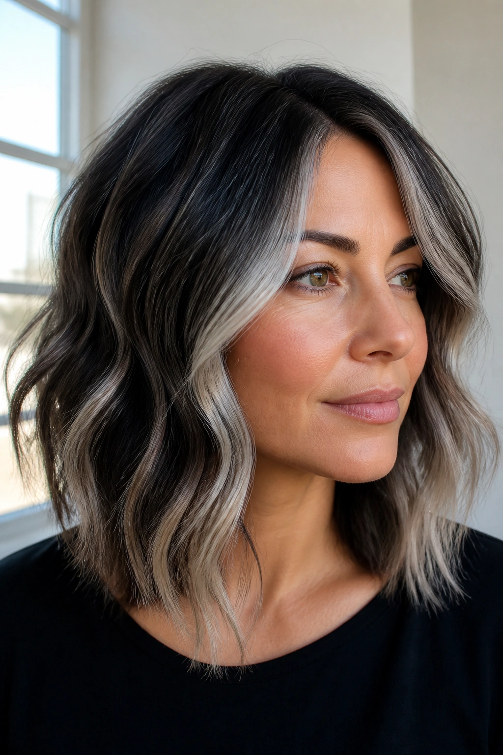 Close-up portrait of a real woman with a wavy lob and contour silver highlights at the temples.