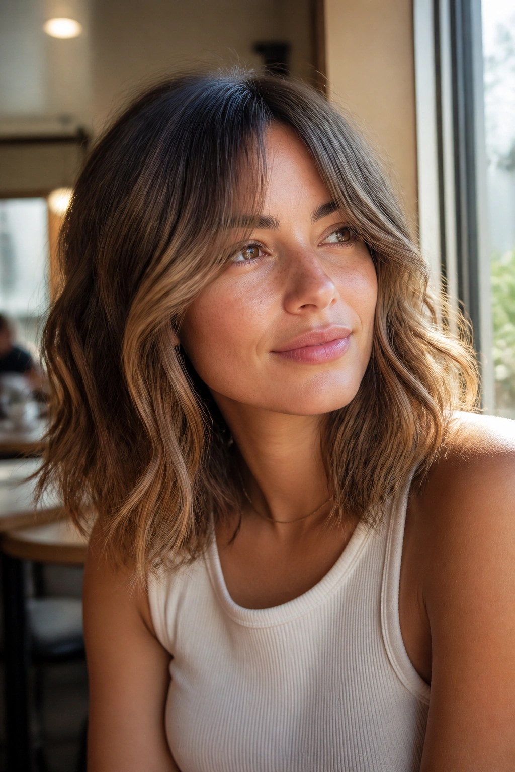 Woman with wavy lob and curtain bangs in a sunny cafe