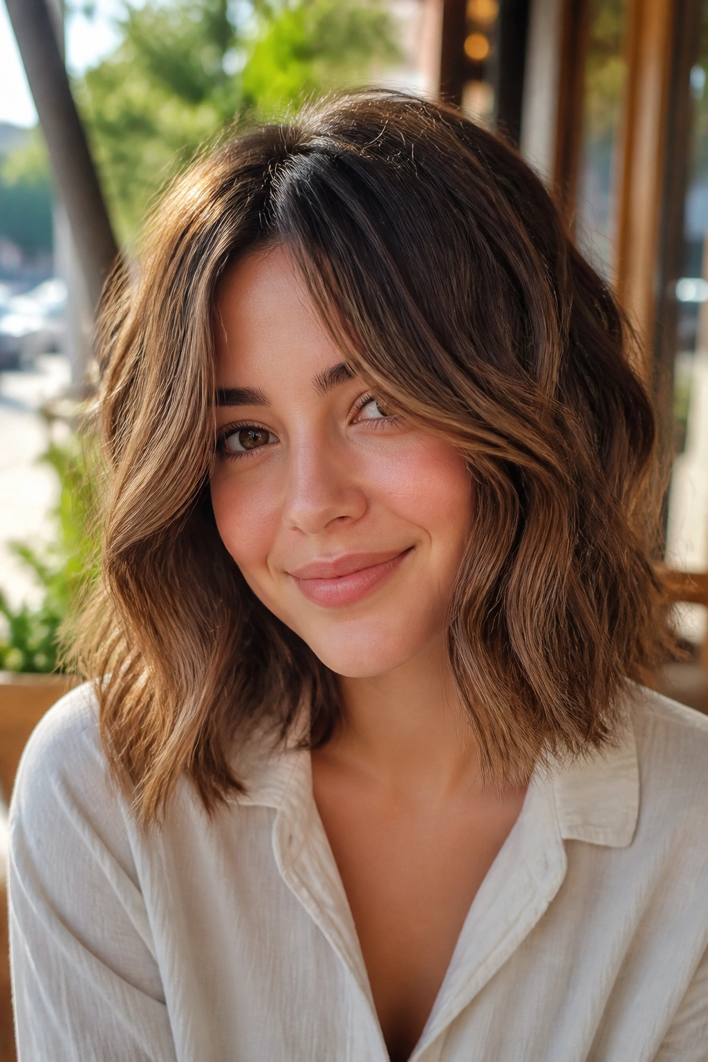 Woman with shoulder-length wavy lob and face-framing pieces in natural sunlight