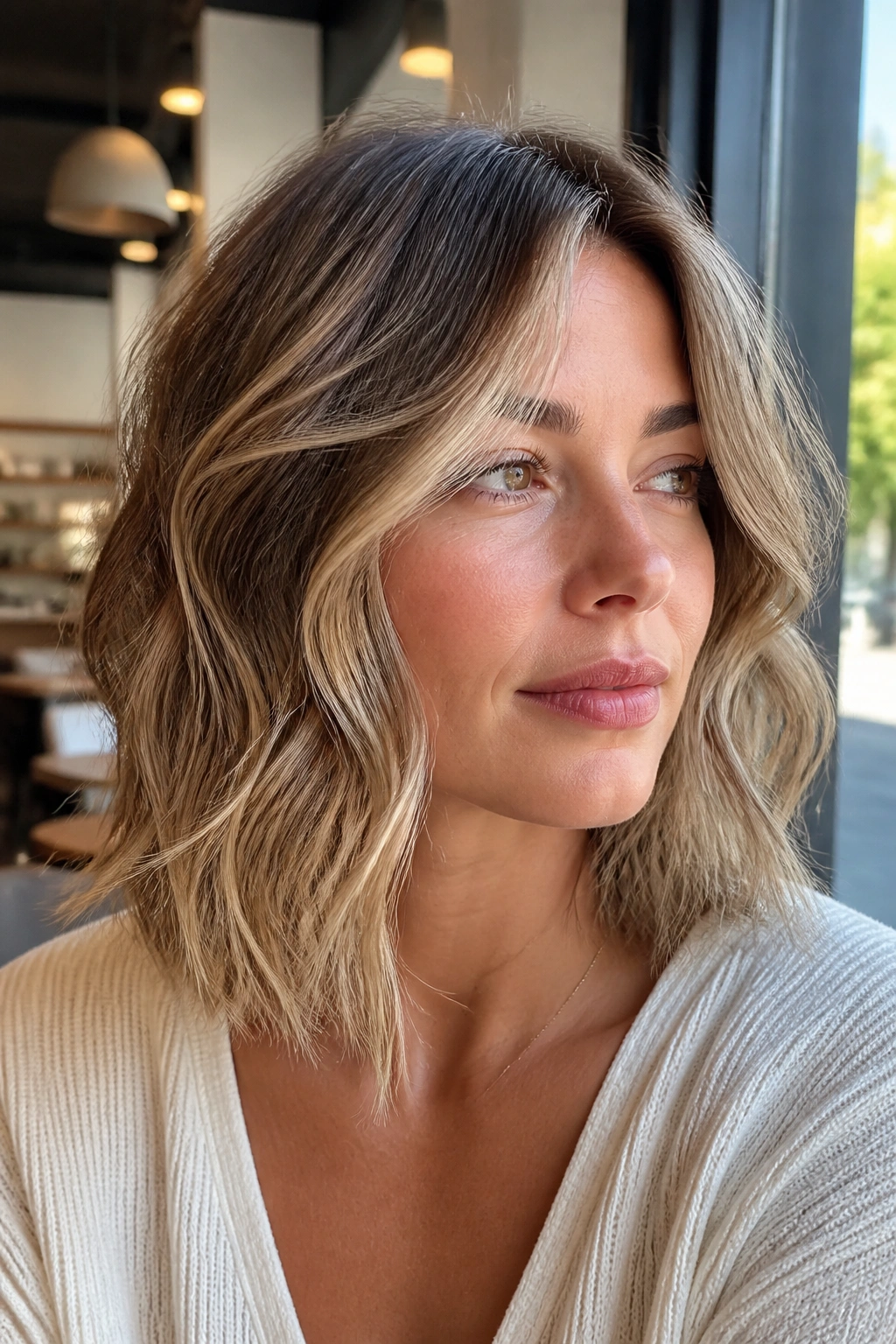 Close-up of a real woman with a collarbone-length wavy lob in daylight
