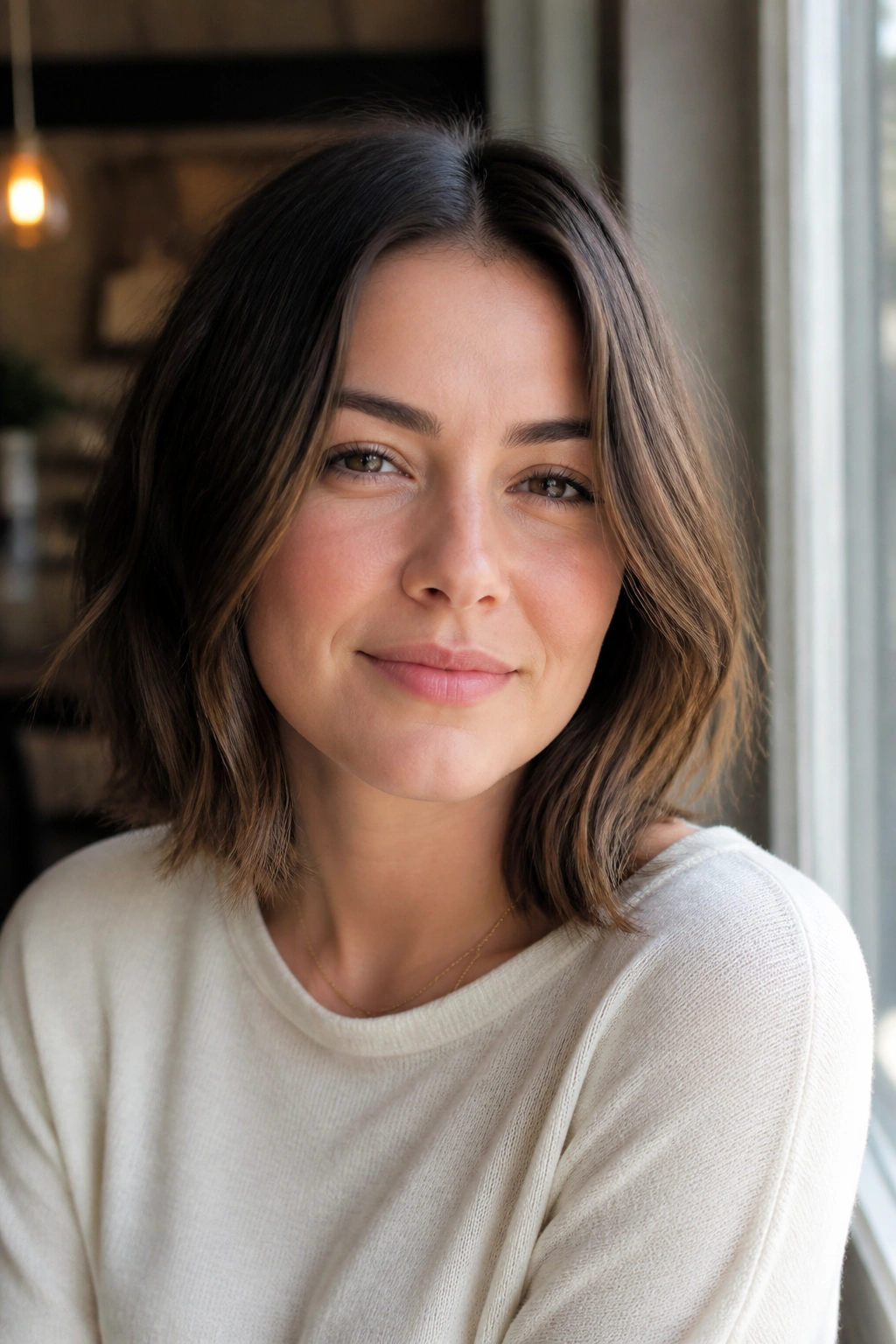 Close-up of a real person with a wavy lob and subtle bend.