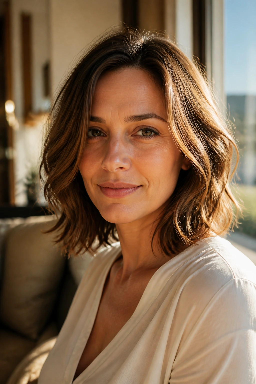 Real woman with wavy lob hairstyle in sunlit living room, close-up portrait