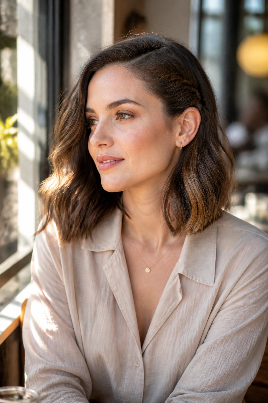 Shoulder-length wavy lob with side tuck behind the ear in warm daylight.