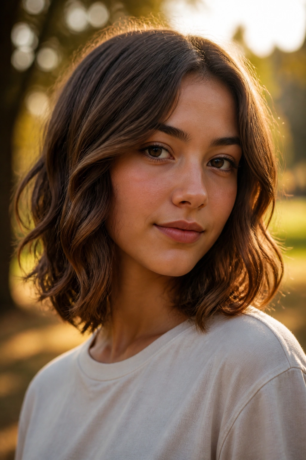 Close-up portrait of a girl with a wavy lob in golden hour light