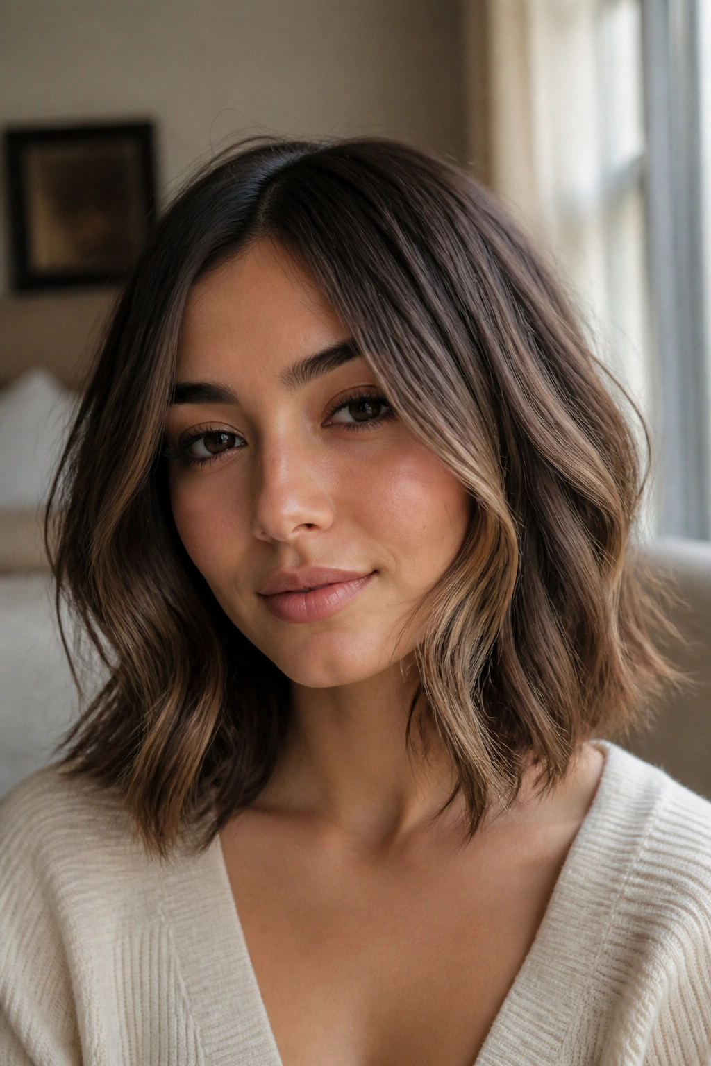 Close-up of a real woman with a wavy lob showing internal graduation in natural window light