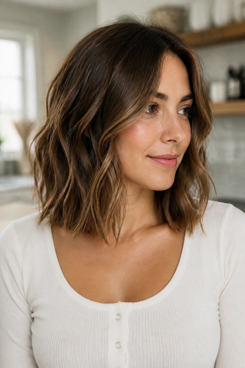 Real woman with wavy lob and invisible layers in bright home setting