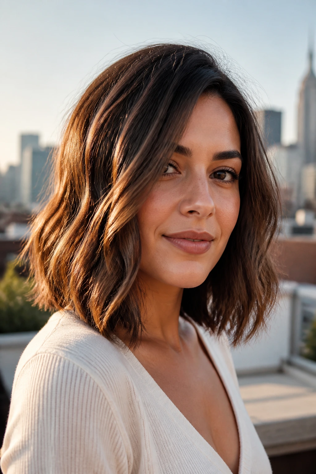 Close-up portrait of a real woman with a wavy lob and invisible layers