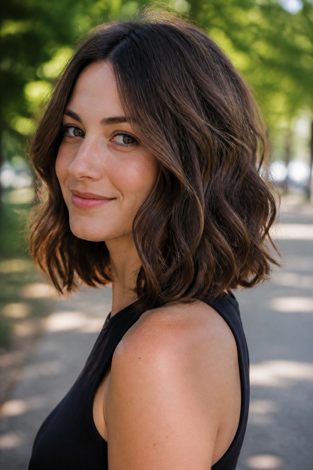 Portrait of a real woman with a wavy lob and invisible layers.