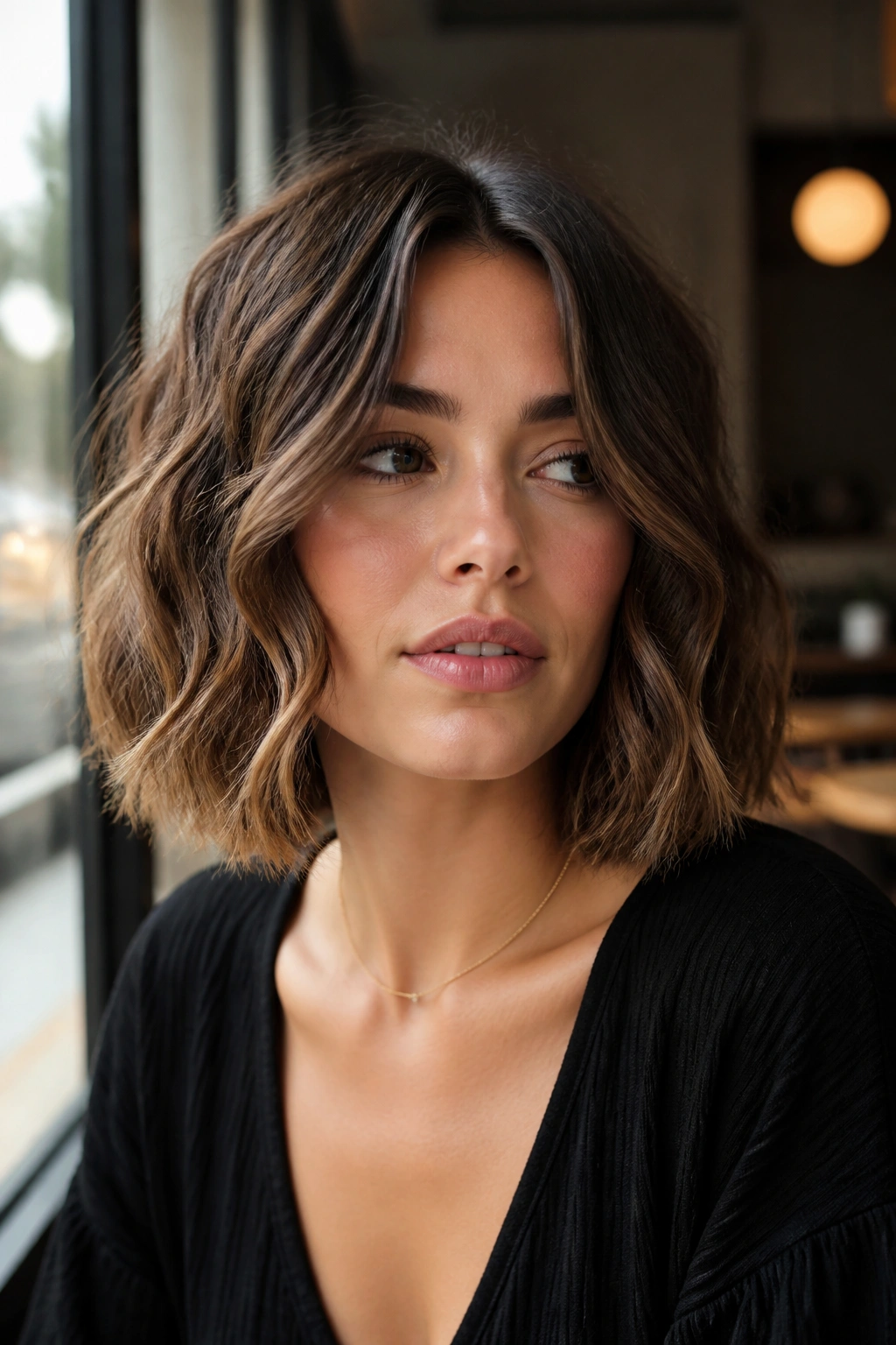 Real woman with wavy French-inspired lob and jaw-framing movement.