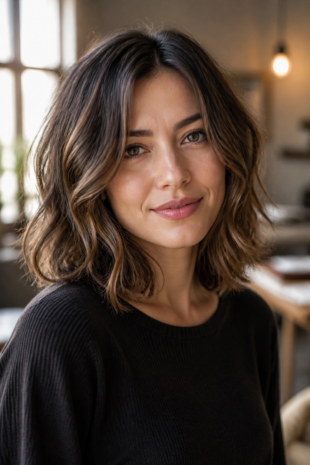Close-up of a real woman's wavy lob showing mid-length interior layers under natural window light.