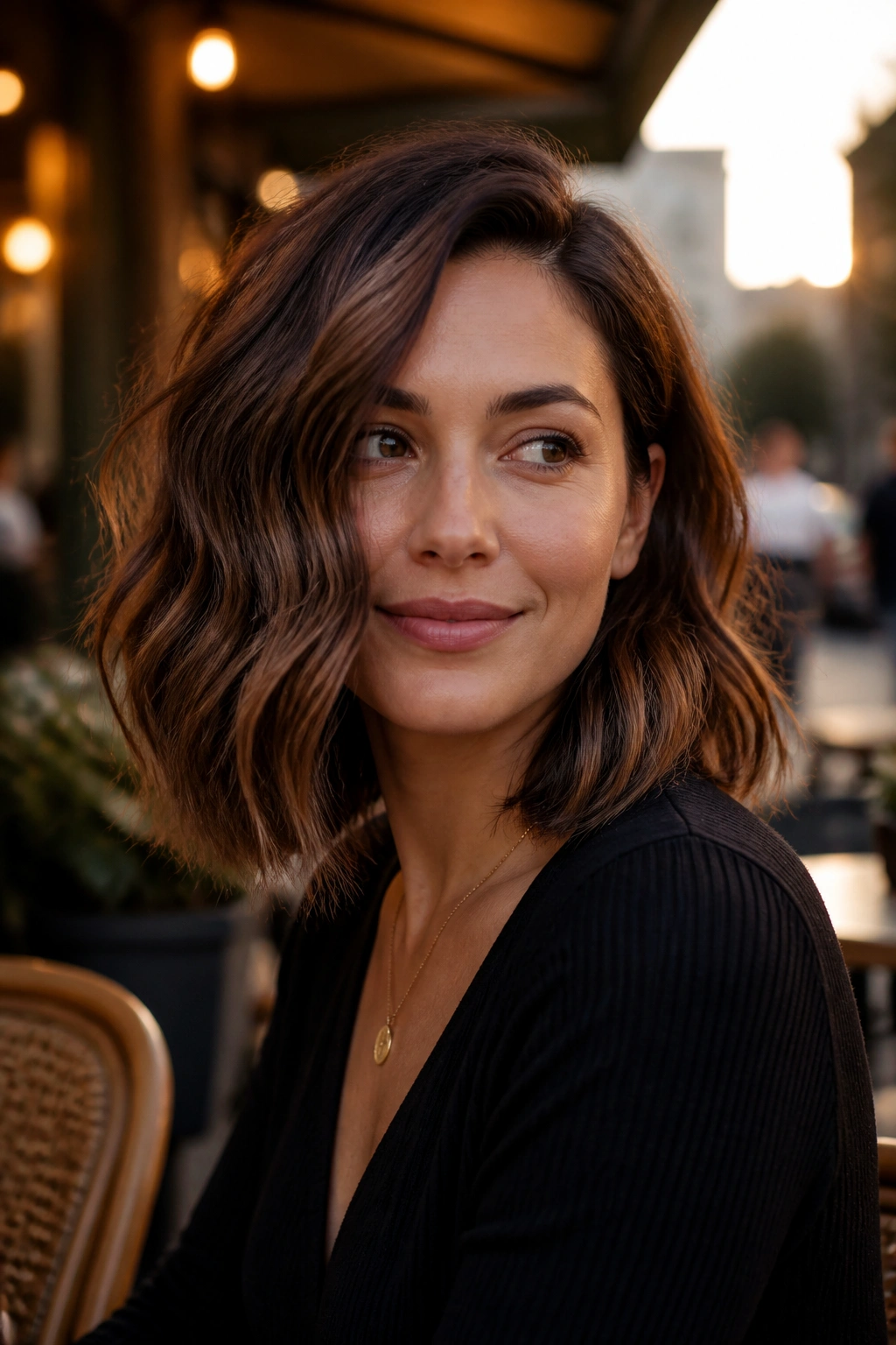 Real woman with wavy lob and off-center part portrait