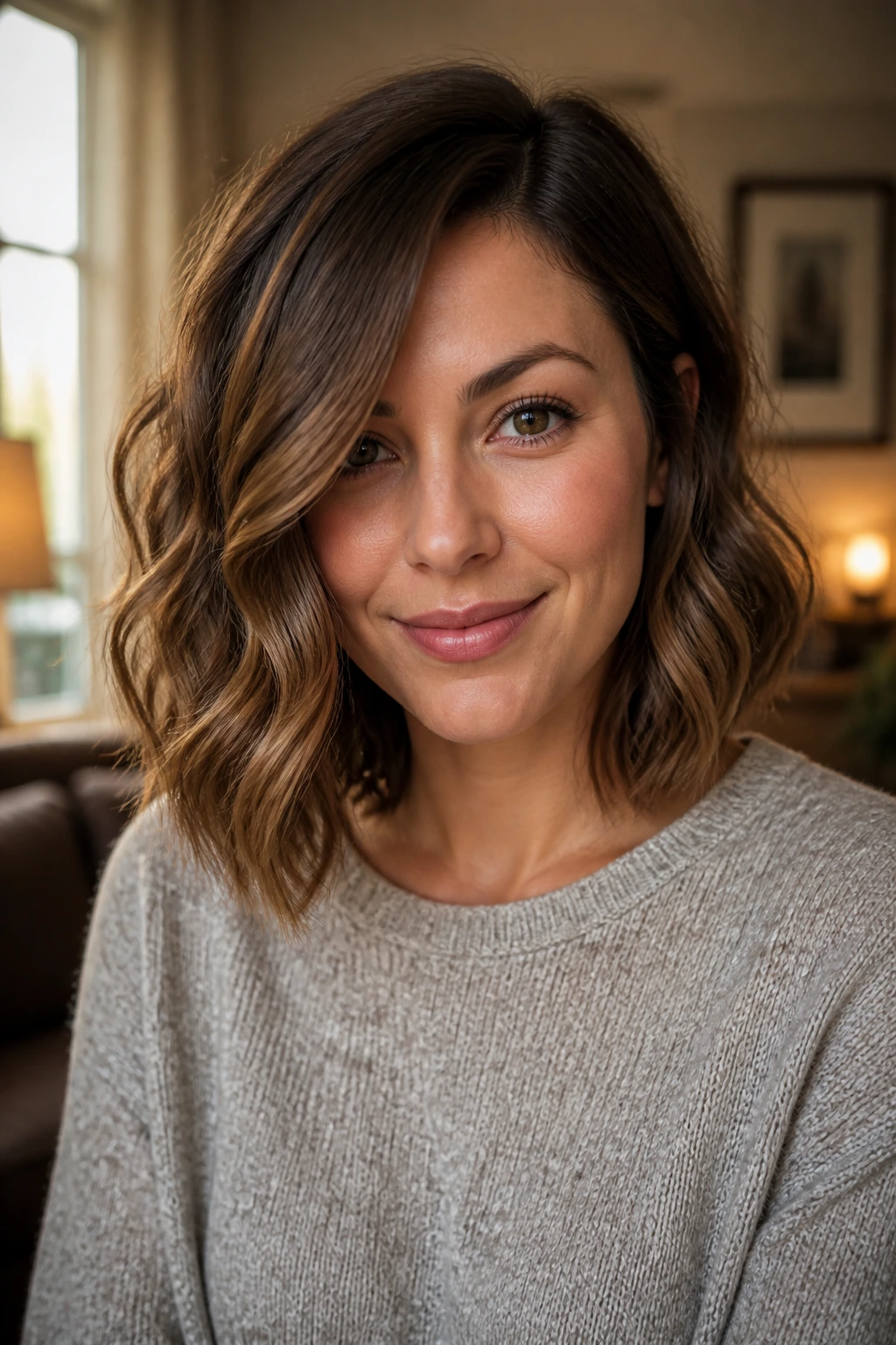 Close-up portrait of a real woman with a wavy off-center lob and diagonal part.