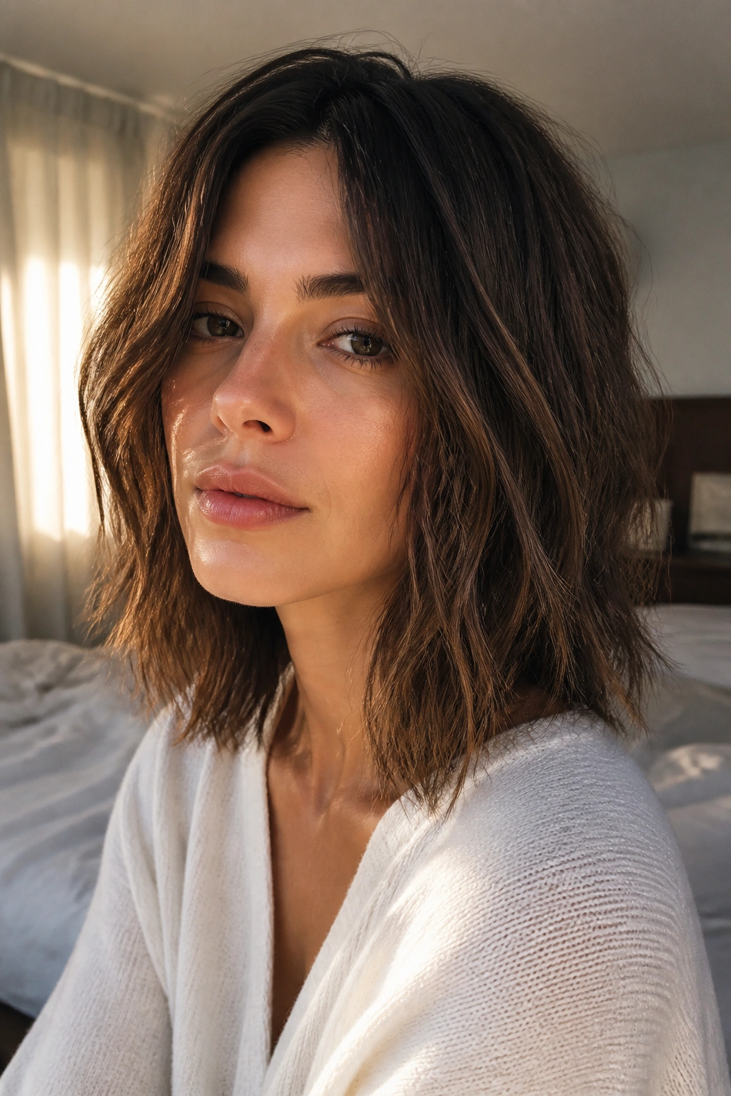 Close-up of a real woman with a wavy lob and razor-textured ends in a sunlit room