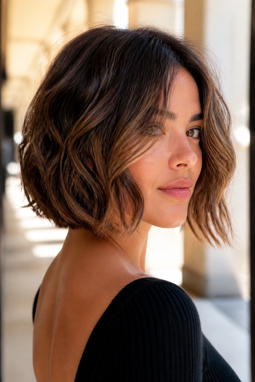 Close-up of real woman with wavy lob shorter in the back