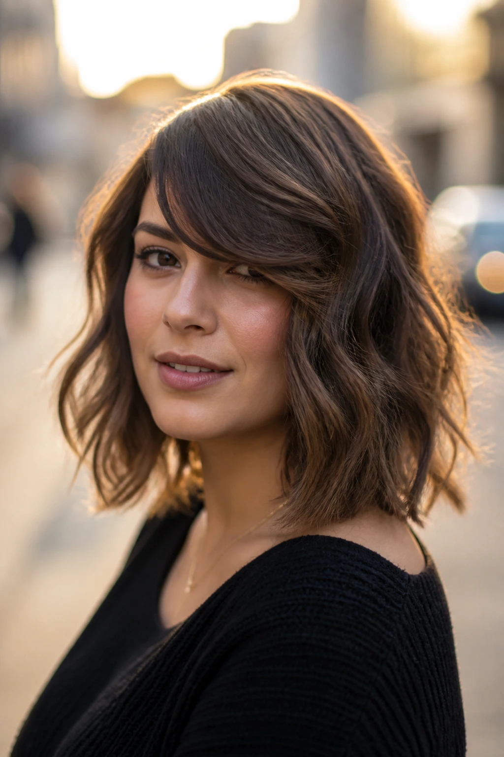 Portrait of a real woman with side swept bangs paired with a wavy lob.
