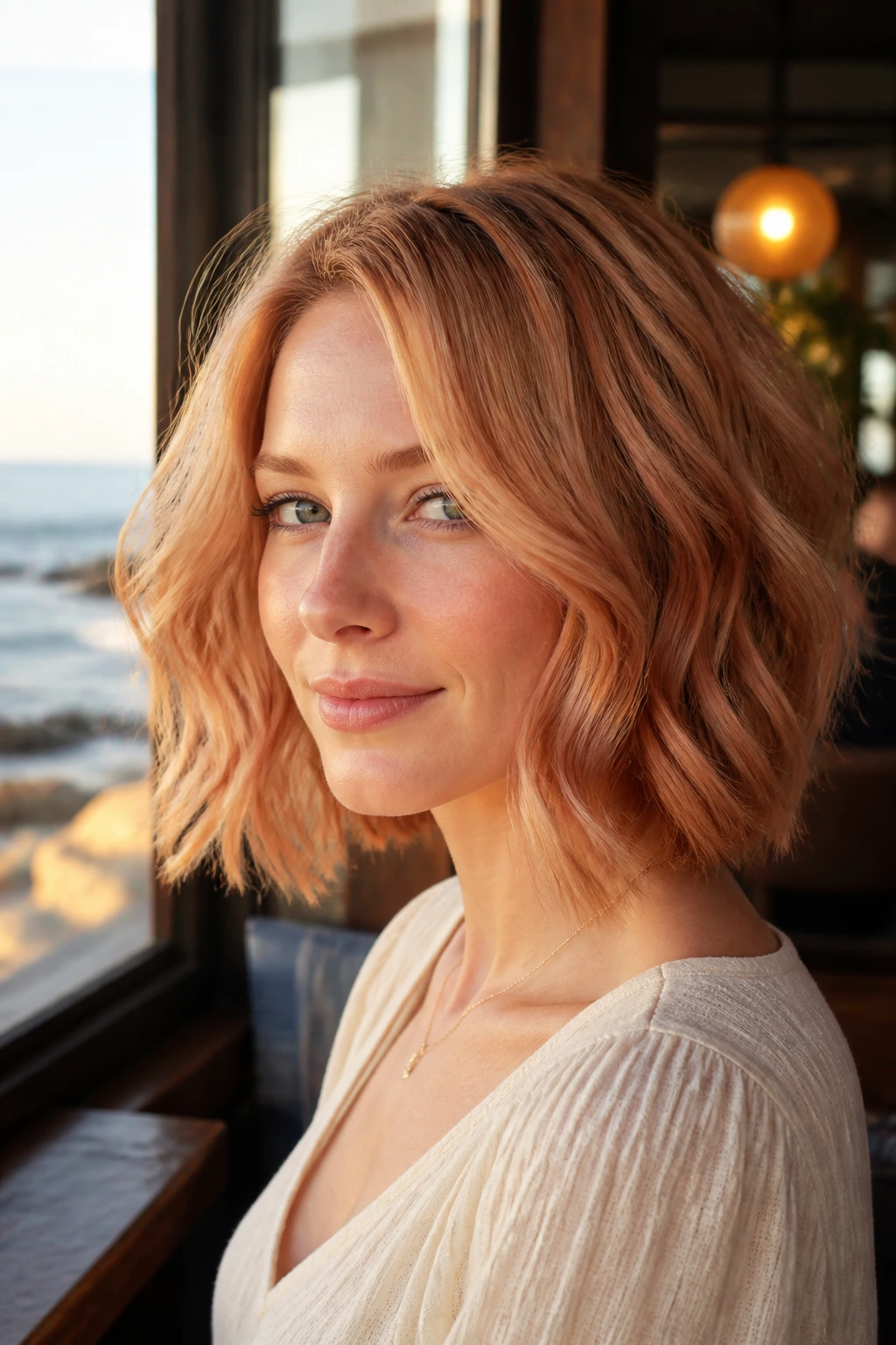 Close-up of a real woman with a wavy strawberry blonde lob-to-bob