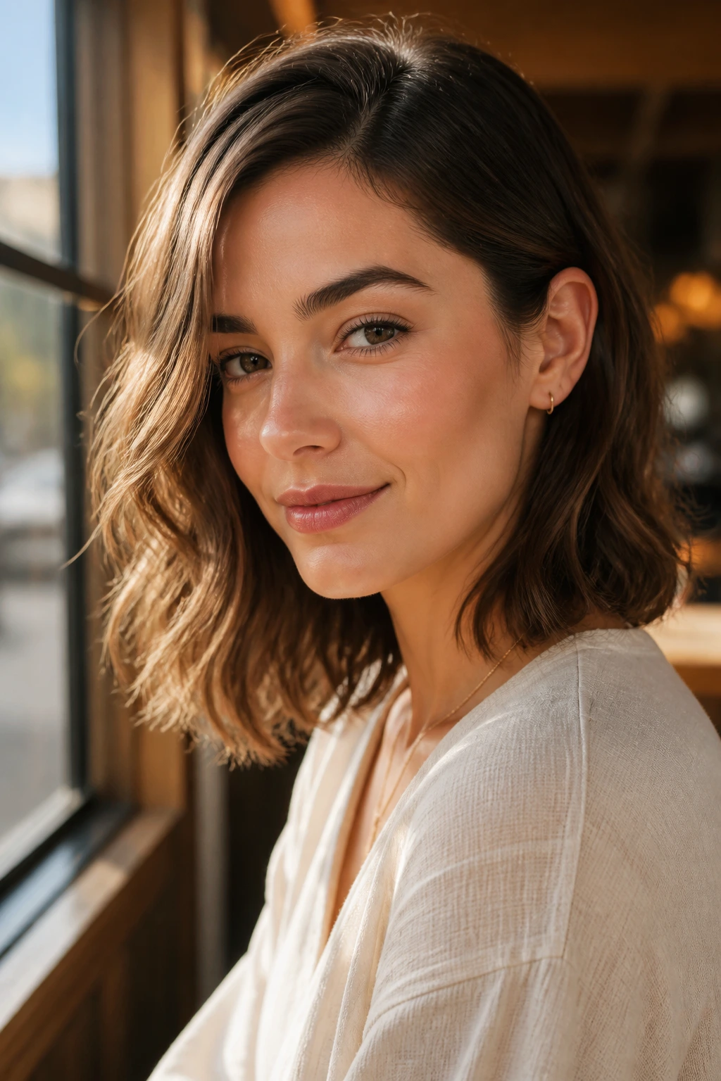 Close-up portrait of a real woman with a shoulder-length wavy lob tucked behind one ear in a sunlit cafe.