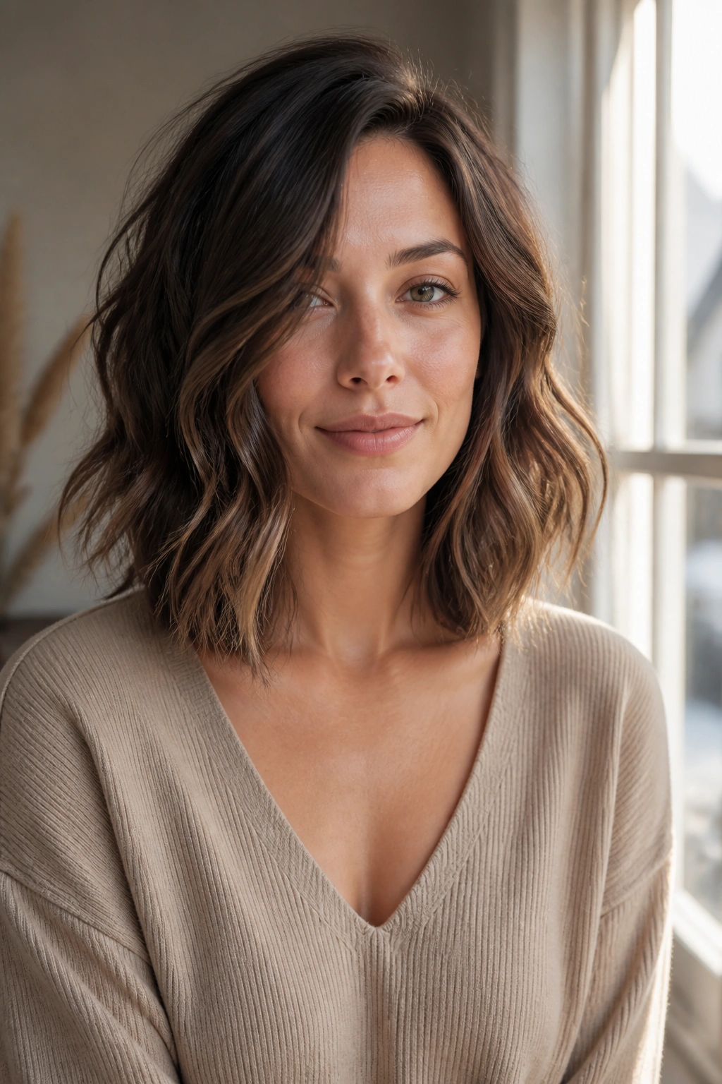 Medium close-up of a real woman with a wavy lob and understated layers in natural light